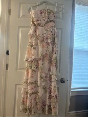 “Blush Garden” Dessy Group Bridesmaid Tiered Strapless Dress